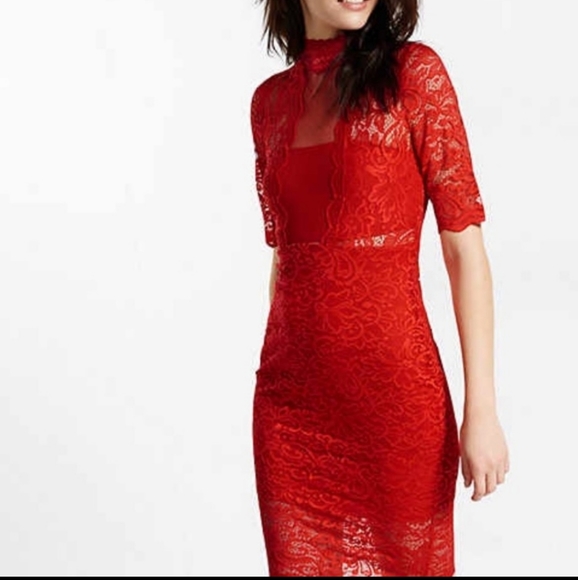 NEW Express Sexy Red Lace Sheath Dress - Size 6 - Picture 3 of 12